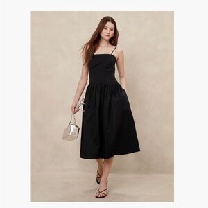 Pleated Taffeta Black Midi Dress NWT